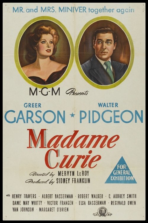 This vintage poster features elegant portraits of Mary Garson and Walter Pidgeon against a cream background, evoking a romantic, 1920s cinematic charm. The bold red title "Madame Curie" stands out, while the "MGM Presents" tagline hints at a glamorous film experience.