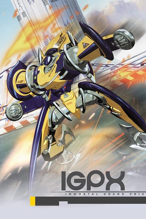 The poster features a dynamic action scene with a futuristic robot in mid-flight, surrounded by dramatic explosions and motion blur. The robot's golden and purple armor gleams against the fiery background, conveying speed and power. The bold "IGPX" logo at the bottom anchors the image, while the ...
