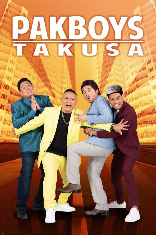 The poster features four men in vibrant, colorful outfits against a warm, golden background. Their dynamic poses and confident expressions convey a lively, energetic mood. The bold title "Pakboys Takusa" dominates the top, emphasizing the film's upbeat and fun theme.