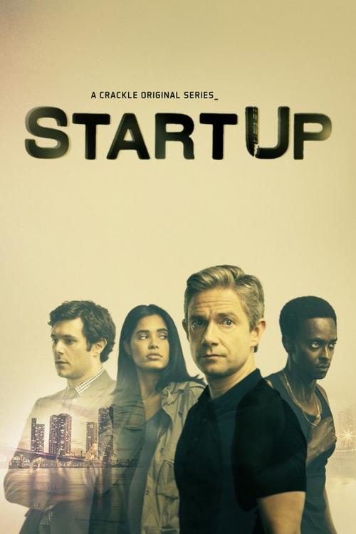 The poster features four characters against a muted, warm background, with the title "STARTUP" prominently displayed in bold black letters. The characters exude a professional yet mysterious vibe, suggesting a corporate drama. The color palette is subdued, with earthy tones that evoke a sense of ...