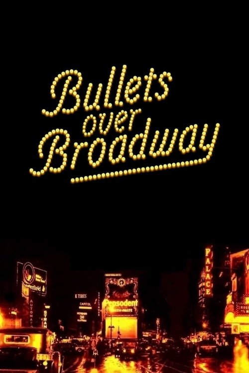 The poster features a vibrant, nighttime scene of a bustling Broadway street illuminated by warm, glowing lights. The title "Bullets Over Broadway" is written in an elegant, glowing font against the dark background. The mood is energetic and dramatic, capturing the essence of a lively urban night...