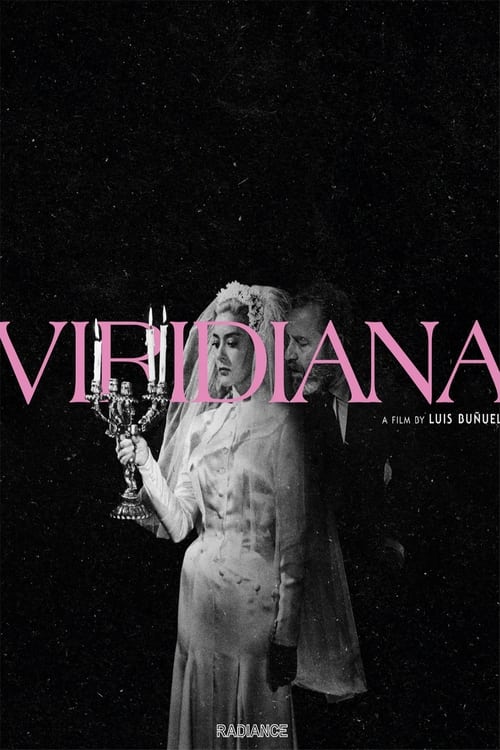 A haunting black-and-white portrait of a woman in a flowing gown, holding a candle, against a dark void. The word "VIRIDIANA" in bold pink letters dominates the poster, evoking mystery and melancholy.