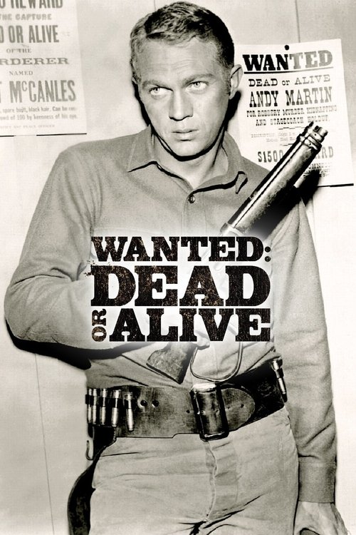The poster features a gritty, black-and-white image of a man in a uniform holding a shotgun, exuding a noir atmosphere. The bold, distressed typography of "WANTED: DEAD OR ALIVE" dominates the center, while newspaper clippings in the background add to the suspenseful, crime-fueled mood.