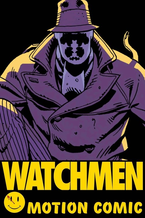 The poster features a stylized, shadowy figure in a trench coat and fedora, rendered in purple against a stark black background. The bold yellow text "WATCHMEN" dominates the bottom, with the iconic motion comic smiley face beneath. The dramatic composition and intense colors evoke a sense of mys...