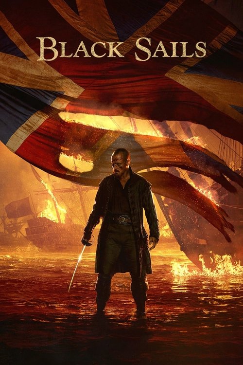The poster features a lone sailor in a trench coat, holding a sword, standing amidst a dramatic, fiery ocean scene. The Union Jack flag dominates the background, symbolizing British identity, while the warm, intense colors evoke a sense of adventure and danger. The mood is one of heroic isolation...