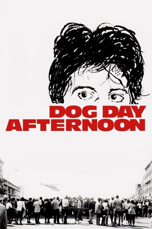 The poster features a striking black-and-white illustration of a person's face with messy hair, overlaid with bold red text reading "DOG DAY AFTERNOON." Below, a crowd gathers in a bustling urban setting, suggesting a lively social scene. The stark contrast between the detailed, emotional face an...