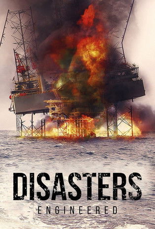 The poster depicts a dramatic scene of a massive ship engulfed in flames and smoke, with a small boat nearby. The fiery orange and black colors convey chaos and danger, while the dark, stormy sea beneath adds to the ominous atmosphere. The title "Disasters Engineered" is prominently displayed in ...