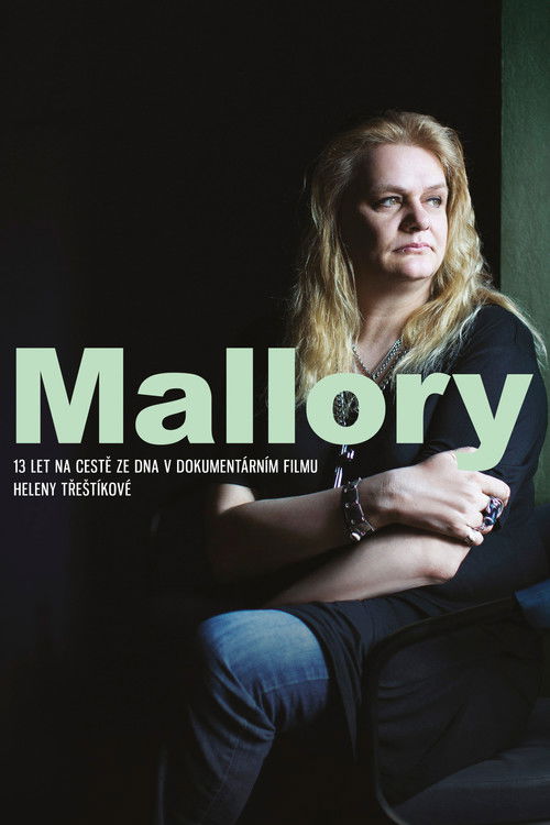 The poster features a woman with blonde hair sitting against a dark background, her expression somber and contemplative. The title "Mallory" is prominently displayed in large, light green letters, contrasting sharply with the dark surroundings. The overall mood is mysterious and introspective, ev...