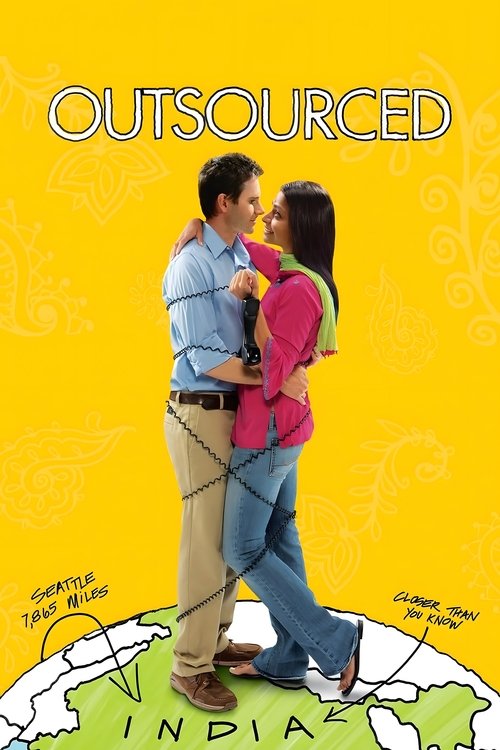 A couple embraces on a vibrant yellow globe, with "OUTSOURCED" prominently displayed at the top. The warm, energetic atmosphere suggests a modern romance, while the globe and India reference hint at the film's cultural and geographical themes.