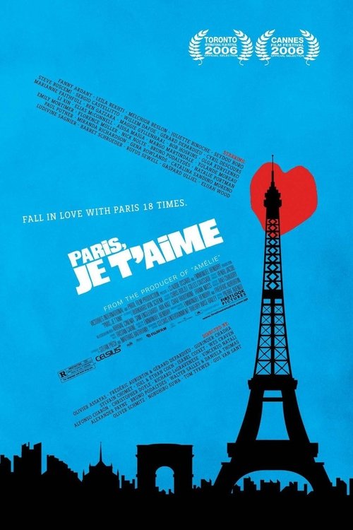 The poster features a vibrant blue background with a silhouette of the Eiffel Tower and the Arc de Triomphe, evoking Parisian charm. A red heart floats above, symbolizing love and affection. The title "Paris Je T'aime" stands out in bold white letters, while smaller text hints at the film's roman...