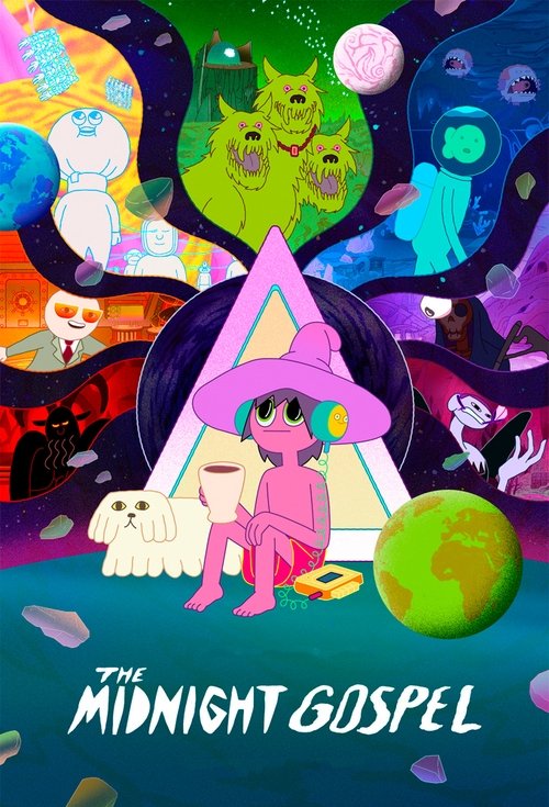 This vibrant poster features a whimsical scene with a pink witch and a ghostly figure in a magical forest, surrounded by colorful planets and fantastical creatures. The mystical atmosphere is enhanced by rich purple and green hues, creating a dreamlike and enchanting mood that captures the show's...