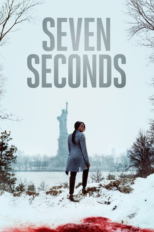 The poster features a lone woman standing in a snowy landscape with the Statue of Liberty in the background. The muted tones of white snow and gray sky create a somber, reflective mood, while the bold, bold text "SEVEN SECONDS" dominates the upper portion.
