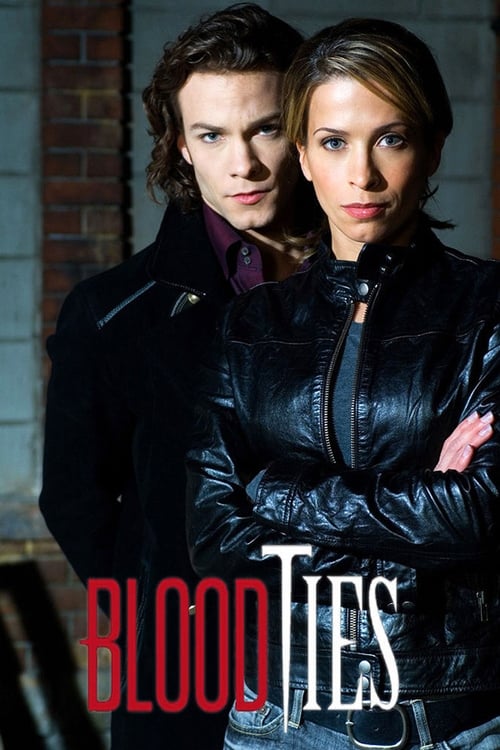 The poster features two characters in leather jackets against a brick wall, exuding a gritty, noir atmosphere. The bold red and white text "BLOOD TIES" anchors the image, suggesting a dramatic, possibly supernatural or crime-focused narrative.