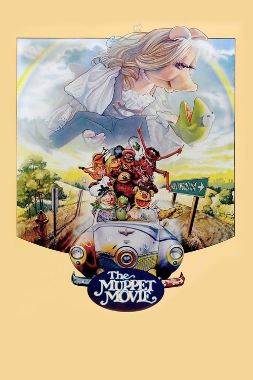 The Muppet Movie poster features a whimsical scene with a woman floating above a colorful car filled with Muppets, set against a bright, sunny backdrop. The mood is cheerful and playful, capturing the essence of the beloved animated classic.