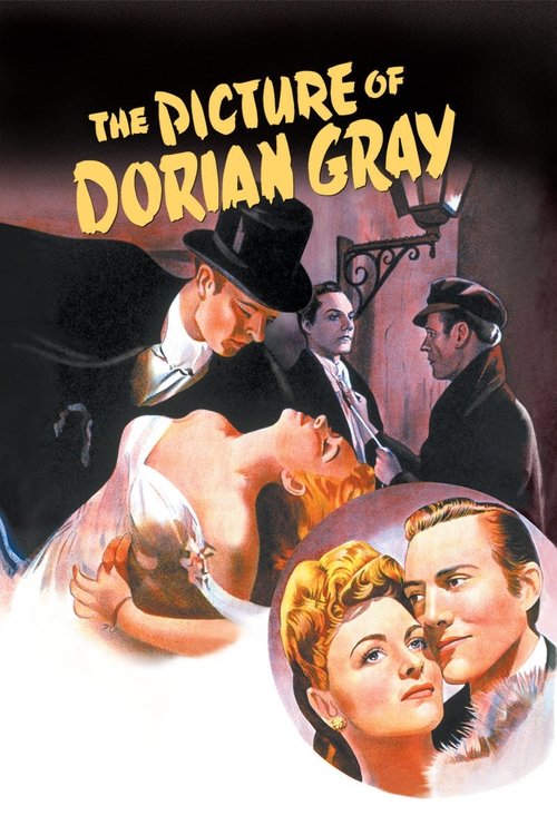 The poster depicts a dramatic scene with a man in a black hat and white collar leaning over a woman in a white dress, while another man in a suit stands nearby. A circular inset shows two young men, one with blonde hair and the other with dark hair, gazing upward. The background features a dark, ...