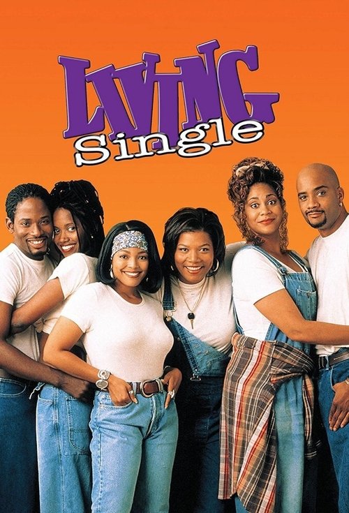 The poster features a group of seven women standing in a row against a bright orange background. The title "Living Single" is prominently displayed in bold purple letters. The mood is cheerful and friendly, suggesting a fun and engaging sitcom.