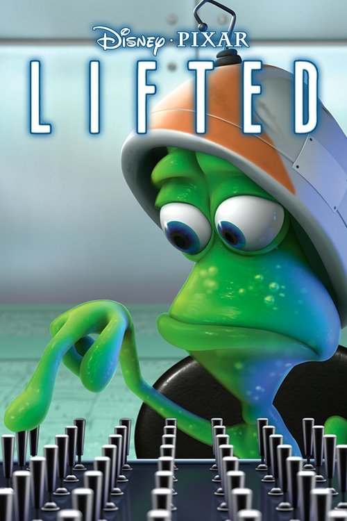 The poster features a green alien with a mischievous expression, wearing a white hat and holding a green object. The background shows rows of black chairs, suggesting a workplace setting. The Disney/Pixar logo is at the top, and the title "Lifted" is prominently displayed in bold letters. The ove...