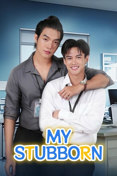 The poster features two young men in a professional setting, with one in a white shirt and the other in a gray shirt. The background is blue, and the title "MY STUBBORN" is prominently displayed in bold, colorful letters. The mood is confident and humorous, suggesting a comedic or satirical take ...