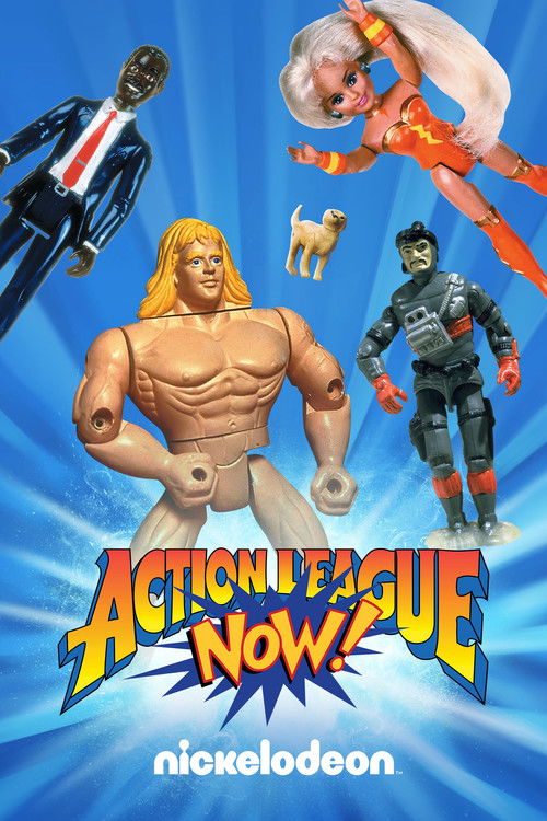 This vibrant poster features a muscular action figure in the center, surrounded by dynamic figures in futuristic suits against a bright blue background. The bold, comic-style title and Nickelodeon logo convey an energetic, action-packed atmosphere.