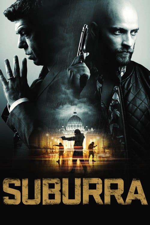 The poster features two men in a dramatic, moody atmosphere. One man holds a gun while the other raises his hand, suggesting action and tension. The background shows a silhouette of a city at night, illuminated by warm lights, creating a sense of mystery and suspense. The title "SUBURRA" is promi...