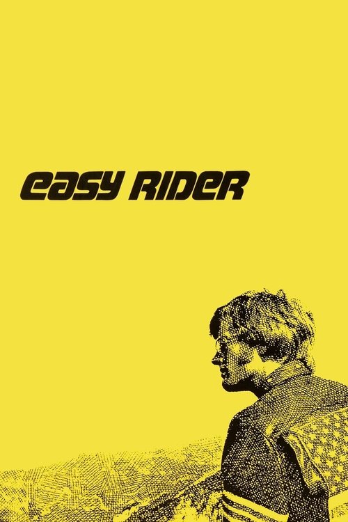 The poster features a gritty, yellow-toned silhouette of a man in a motorcycle suit, evoking the raw, rebellious spirit of the film. The bold, black text "EASY RIDER" anchors the composition, while the muted background hints at the film's themes of freedom and disillusionment.