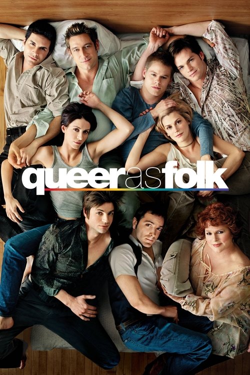 The poster features a group of diverse, emotionally expressive characters in a relaxed, casual pose against a warm-toned background. The vibrant colors and varied expressions convey a sense of authenticity and camaraderie, reflecting the show's exploration of queer identity and social dynamics.