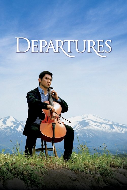 The poster features a man in a dark suit playing a violin against a backdrop of snow-capped mountains under a clear blue sky. The title "DEPARTURES" is elegantly written at the top in white serif font. The overall mood is serene and contemplative, evoking themes of travel and personal journeys.