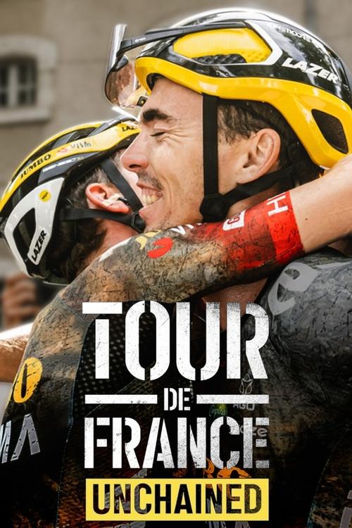 The poster features a jubilant cyclist in a yellow helmet, surrounded by teammates in matching gear, celebrating a victory. Vibrant colors like red and black dominate the image, conveying excitement and camaraderie. The title "Tour de France: Unchained" is prominently displayed, emphasizing the t...