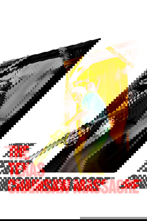 The poster features a dramatic scene with a man wielding a chainsaw, surrounded by ominous red and yellow tones. The intense mood evokes fear and danger, capturing the essence of the horror movie.