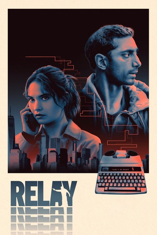 The poster features a dramatic, cyberpunk-style scene with two characters in a futuristic cityscape. The man looks thoughtful while the woman gazes intently at the screen, suggesting a tense narrative. The cool blue tones contrast with warm red accents, creating an atmosphere of mystery and intri...