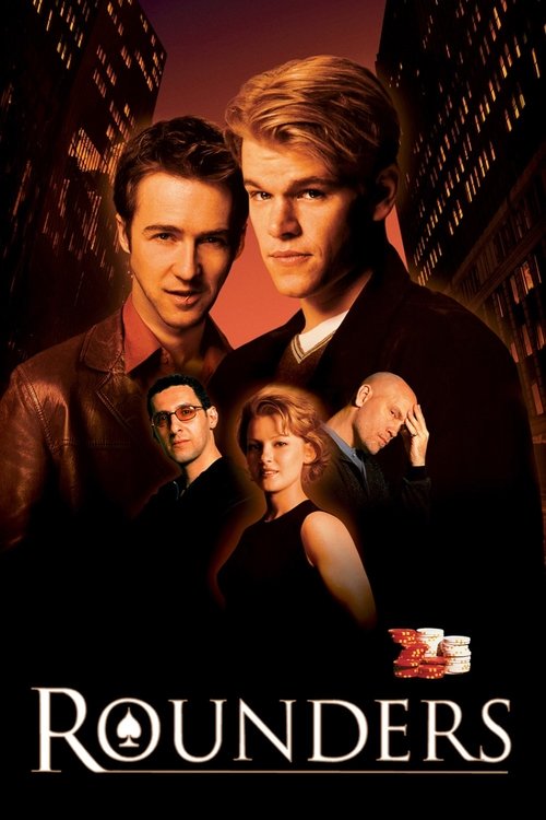 The poster features a dramatic scene with two young men in a cityscape, exuding mystery and intrigue. The warm, golden lighting casts a moody atmosphere, while the title "Rounders" is prominently displayed at the bottom.