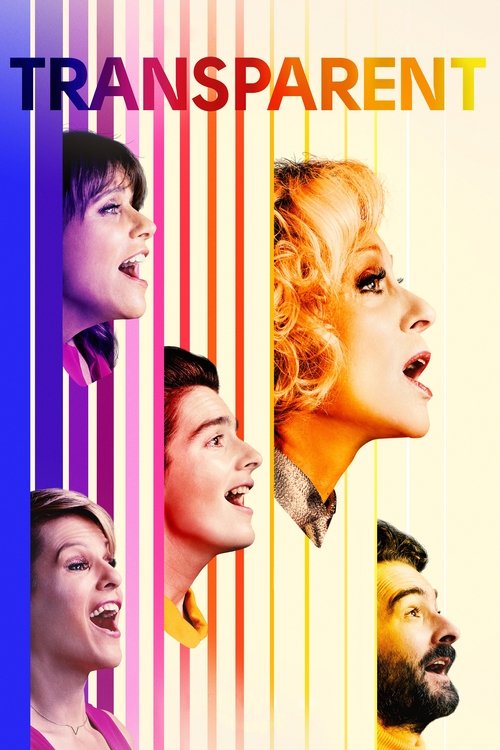 The poster features five diverse characters in profile against a vibrant background of vertical stripes in rainbow hues—pink, purple, blue, yellow, and orange. The mood is energetic and playful, suggesting a comedic or satirical tone. The title "TRANSPARENT" is prominently displayed at the top in...