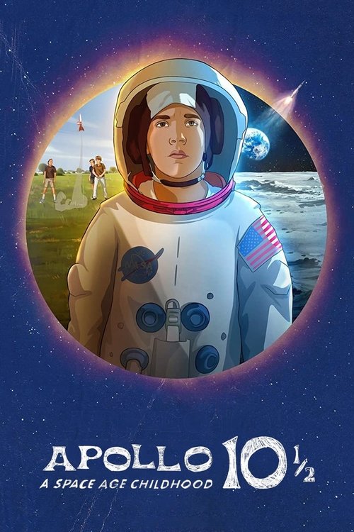 The poster features a young astronaut in a white spacesuit with an American flag patch, framed within a glowing circular border against a starry blue background. In the distance, children play on a grassy hill under a bright sky. The mood is whimsical and nostalgic, capturing the essence of child...