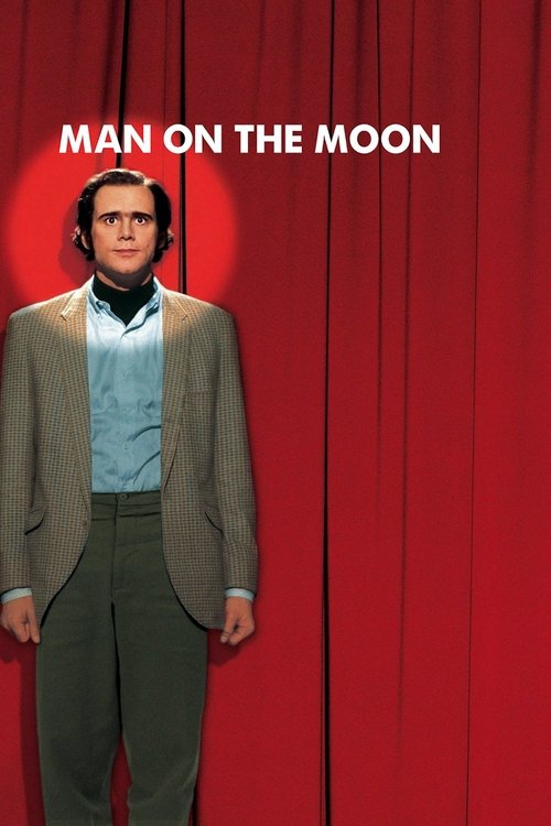 The poster features a man in a beige suit against a vibrant red curtain backdrop. The bold white text "MAN ON THE MOON" anchors the composition, evoking a sense of cinematic drama and mystery.