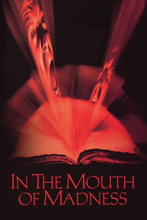 The poster features a dark, mysterious scene with glowing red and orange light emanating from an open book, symbolizing madness or forbidden knowledge. Silhouettes of people appear to be reading or holding books, creating a sense of intrigue and suspense. The title "In the Mouth of Madness" is pr...