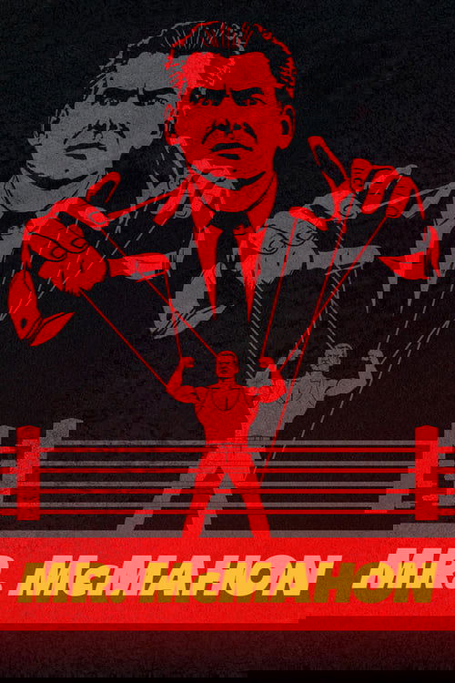 A muscular man in a suit stands atop a boxing ring, holding a rope with a smaller figure below him. The scene is dominated by bold reds and blacks, creating a dramatic and intense atmosphere.