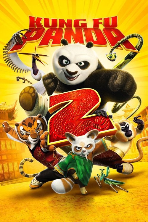 The poster features four animated characters in dynamic poses against a vibrant yellow background. The panda, octopus, tiger, and monkey are surrounded by colorful elements like a sword, a ball, and a flower. The overall mood is energetic and adventurous, capturing the spirit of the Kung Fu franc...