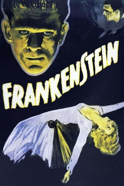 This poster features a menacing Frankenstein with a sinister expression, while a woman in a white dress is depicted in a dramatic pose, suggesting a supernatural or horror theme. The dark background and bold yellow text enhance the eerie and mysterious mood.