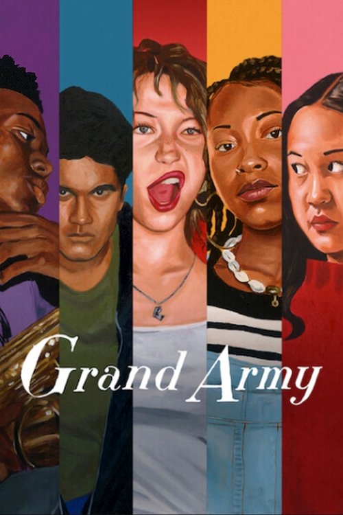 This vibrant poster features six diverse African American characters in bold vertical stripes against a colorful background, exuding a dynamic and energetic mood. The title "Grand Army" is elegantly displayed in white script, emphasizing the show's theme of unity and strength.