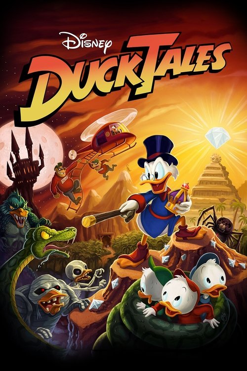 The Disney DuckTales poster features a vibrant scene with Mickey Mouse in a blue outfit, surrounded by colorful characters including Donald, Pluto, and Goofy. The background showcases a mystical landscape with a glowing sun, ancient pyramids, and eerie creatures like a dragon and a zombie-like fi...