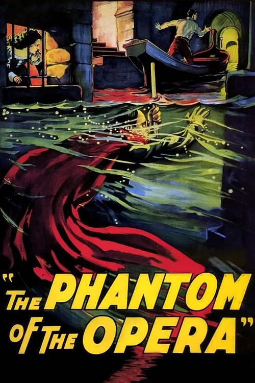The poster depicts a dramatic opera scene with a ghostly figure in a red cape, surrounded by vibrant colors like red, blue, and yellow. The mood is mysterious and theatrical, capturing the essence of the Phantom's elusive nature.