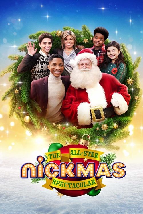 This festive holiday movie poster features a cheerful group of seven people posing around Santa Claus, surrounded by twinkling lights and snowflakes. The warm colors of red, green, and gold create a joyful and inviting atmosphere, while the sparkling background enhances the magical Christmas mood.