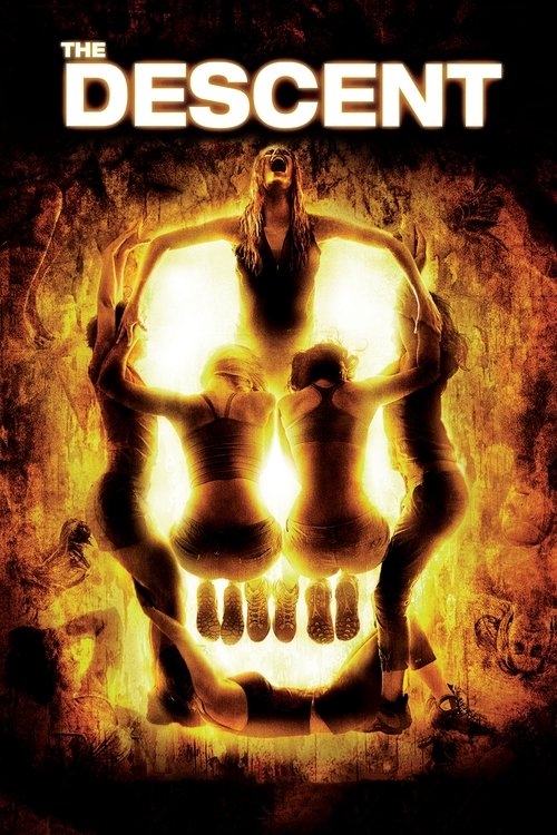 The poster features a menacing figure emerging from a glowing skull, surrounded by fiery orange and yellow hues. The dark background enhances the ominous and horror atmosphere, suggesting a thrilling and terrifying journey into the unknown.
