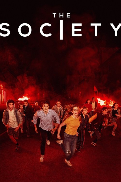 The poster features a group of people running through a dimly lit, red-lit corridor, evoking a sense of urgency and collective action. The bold typography of "THE SOCIETY" anchors the image, while the vibrant red hues create a dramatic and intense atmosphere.