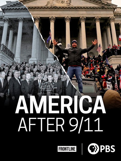 The poster features a striking black-and-white collage of people in various poses, with a modern black-and-white image of a man in a suit and hat standing confidently in front of a classical building. The bold, white text "AMERICA AFTER 9/11" dominates the lower section, creating a powerful visua...