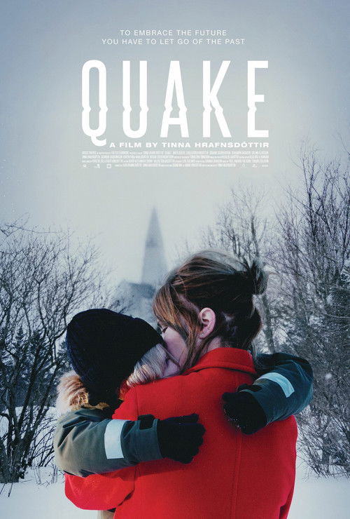 The poster features a tender, snowy winter scene with a couple embracing in warm red and green tones against a muted, overcast sky. The title "QUAKE" dominates the top, evoking both warmth and the underlying tension of the film.