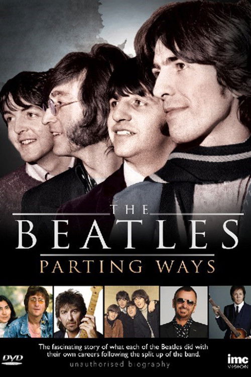 The poster features four iconic Beatles members in a dramatic, emotional pose against a dark, moody background. The warm tones of their clothing contrast with the cool, shadowy tones of the surrounding environment, creating a visually striking composition that evokes nostalgia and longing.