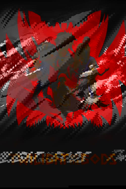 The poster features a dramatic scene with six characters in a dark, ominous setting. The background is filled with a menacing red and black design, creating a sense of danger and power. The characters are depicted in dynamic poses, suggesting action and conflict. The title "Twilight of the Gods" ...