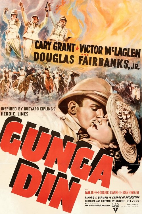 This poster captures the gritty, heroic atmosphere of "Gunga Din," featuring a determined man in a cowboy hat amidst a chaotic battlefield scene. The vibrant red and yellow hues evoke the fiery intensity of the war, while the bold title and tagline emphasize the film's epic scale and dramatic act...