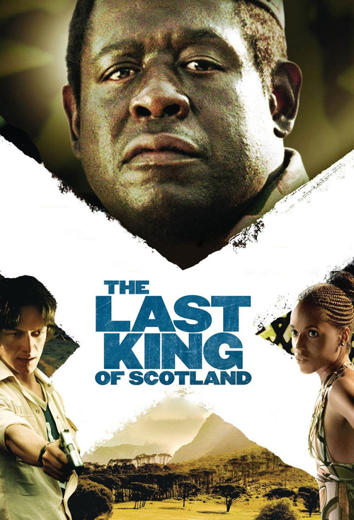 The poster features a rugged, intense face of a Scottish man at the top, with a dramatic and mysterious atmosphere. Below, two characters stand against a backdrop of rugged landscapes, suggesting adventure and historical drama. The colors are earthy and muted, with the title "The Last King of Sco...